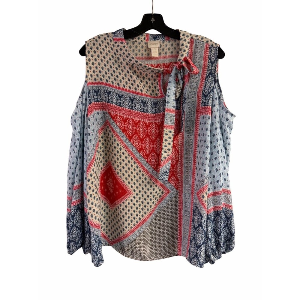 Chico’s Patchwork Cold Shoulder Top with Neck Tie Size 3 (16)